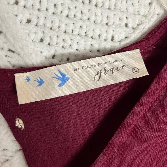 GRACE | Long Sleeve Midi Dress Floral Embroidered Burgundy L - Picture 9 of 11